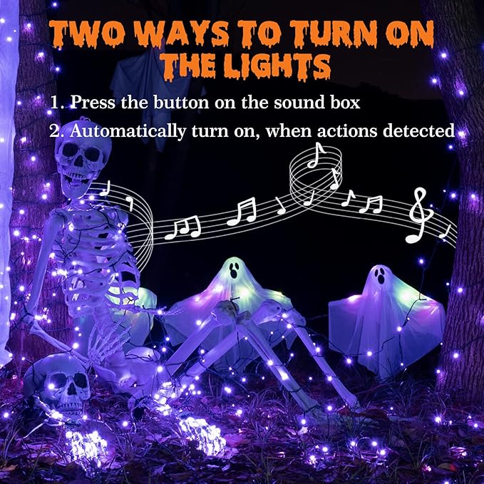 Rotu Halloween Lights Outdoor 114.8 ft 300 LED String Lights with Music Sync Spooky Sounds Halloween Decorations Fairy Lights Indoor Waterproof for Yard Porch Haunted House Decor (Purple)-Ruum Studio Home
