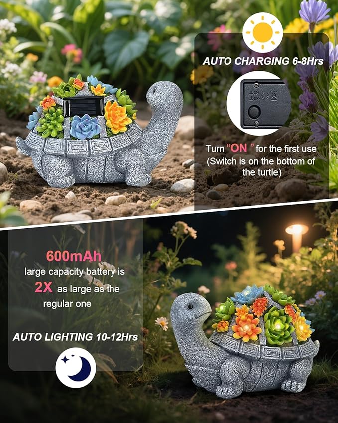 Solar Turtle Statue Garden Decor for Outside with Succulents and 7 LED Lights – 10.3 Inch Cute Lawn Ornaments for Patio, Porch, Balcony & Yard – Unique Birthday Gifts for Women Mom Grandma Wife-Ruum Studio Home