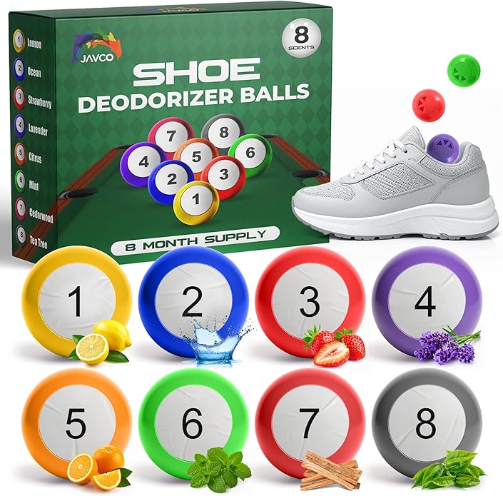 Shoe Deodorizer Balls 8-Pack – Long-Lasting Sneaker & Gym-Bag Odor Eliminator, Twist-to-Activate Billiard-Ball Freshener, Assorted Scents (Lemon, Ocean, Lavender & More) – 8-Month Supply-Ruum Studio Home