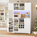 FINETONES 71" Pantry Cabinet with 7-Color LED Light and Charging Station, Kitchen Pantry Cabinet with Microwave Stand, Kitchen Hutch Food Storage Cabinet with Outlet and Wine Racks, White-Ruum Studio Home