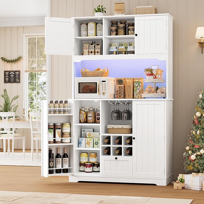 FINETONES 71" Pantry Cabinet with 7-Color LED Light and Charging Station, Kitchen Pantry Cabinet with Microwave Stand, Kitchen Hutch Food Storage Cabinet with Outlet and Wine Racks, White-Ruum Studio Home
