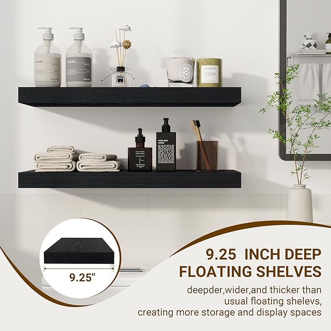 24 Inch Floating Shelves, 24"x9.25"x1.5" Inch Deep Floating Shelves for Wall, Wooden Shelves for Bathroom, Bedroom, Living Room, Black-Ruum Studio Home