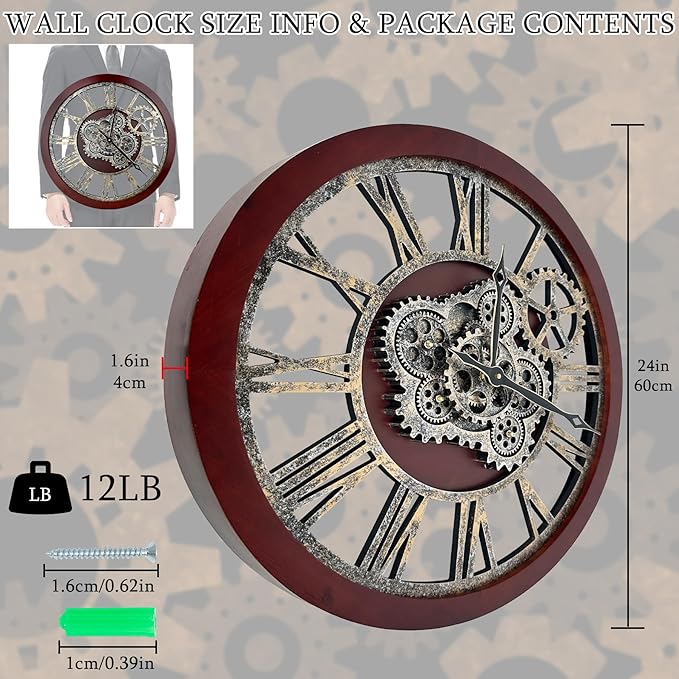 HOIBAI Large Wall Clock, 18 Inch Wall Clocks for Living Room Decor Farmhouse Vintage Rustic Kitchen Wall Decor Vintage Roman Big Oversized Wall Clock for Home Bedroom House Office, Moving Gears Clock-Ruum Studio Home