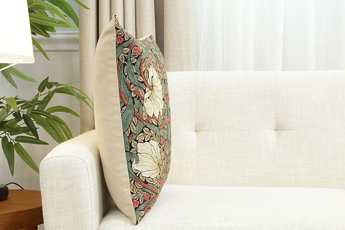 Charlotte Home Furnishings Pimpernel Red Green Floral Throw Pillow Cover 18” x 18” – Double-Sided Tapestry Cushion Cover for Couch, Sofa, or Bed | 100% Cotton Jacquard Woven in Europe-Ruum Studio Home