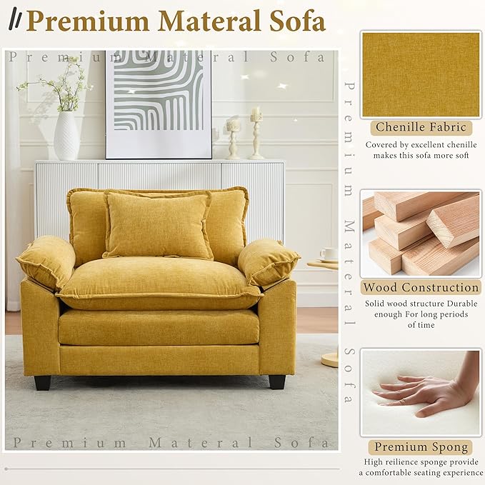 URRED Modular Sectional Sofa Comfy Cloud Couch, Modern Chenille Sofa Sleeper Deep Seat Couches with Ottoman/Pillows for Living Room (Yellow, 53'')-Ruum Studio Home