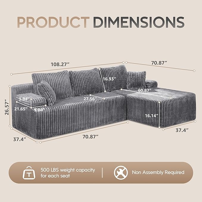 Hobestluk Modular Sectional Sofa Couches 108" L-Shape Couch 3 Seat Modular Sofa Memory Foam Sectional Couches for Living Room, Boneless Couch with Oversized Chaise (Light Grey, Right Facing)-Ruum Studio Home