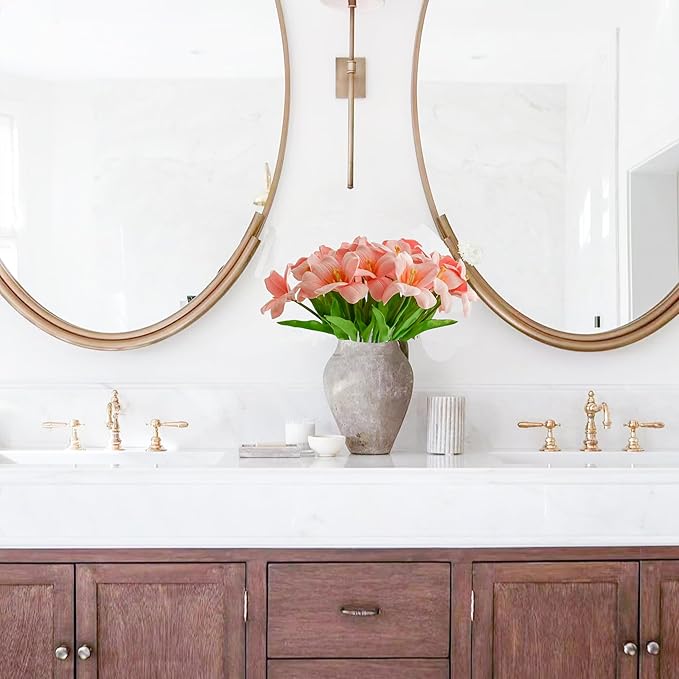 Mandy's Artificial Tulips 12 Stems Pink Fully Bloomed PU Faux Flowers for Wedding Home Decor 13.5 Inch-Ruum Studio Home