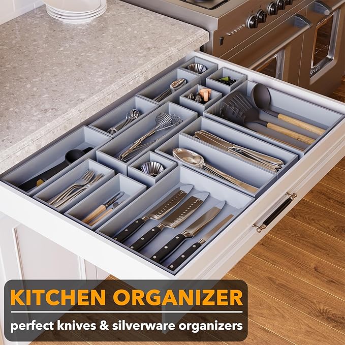 SpaceAid 14-Piece Bamboo Drawer Organizer Storage Boxes Set, Wood Tray Junk Drawer Organizers Multi-Use Divider Bins for Kitchen, Bathroom, Office Desk and Makeup Organization (14 Pack, Gray)-Ruum Studio Home
