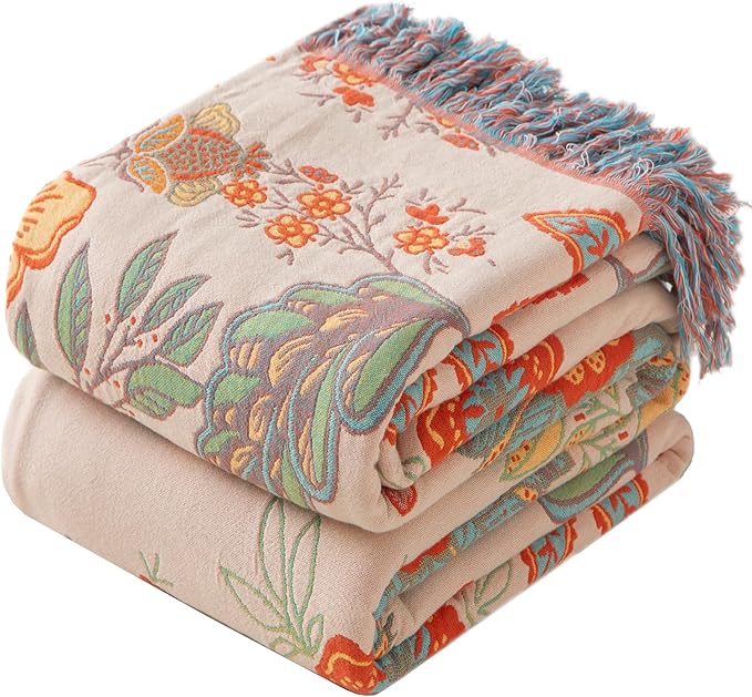 Boho Throw Blanket Queen Size, Soft Cozy Cotton Muslin Quilt Blanket for Bed Decor, Floral Patterned Couch Sofa Chair Cover, Vintage Farmhouse Cottage Tapestry Woven Blanket, Coral&Green-Ruum Studio Home