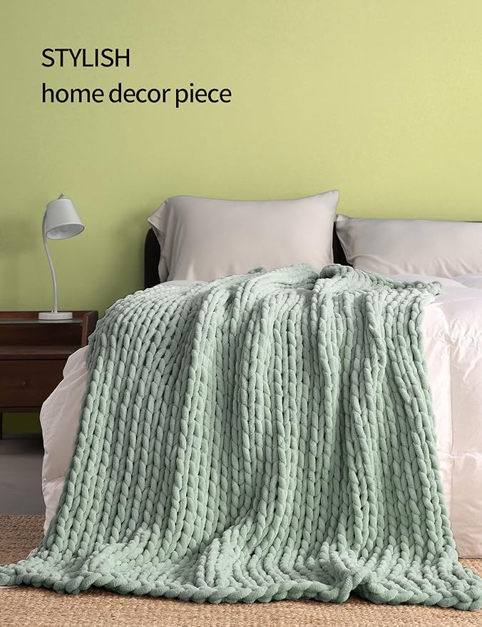 YnM Chunky Throw Blanket, Medium-Weight, Hand Knitted with Chenille Yarn, Skin Friendly, Ventilated and Breathable, Machine Washable, Home Décor Piece for Couch, Sofa and Bed (Sage Green, 50x60 Inch)-Ruum Studio Home
