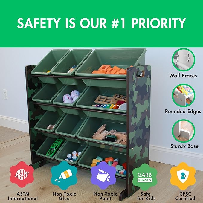Humble Crew Kids Toy Storage Organizer with 12 Plastic Bins, Camo – Removable Bins for Playroom, Bedroom, Toddler Furniture for Boys and Girls Ages-Ruum Studio Home