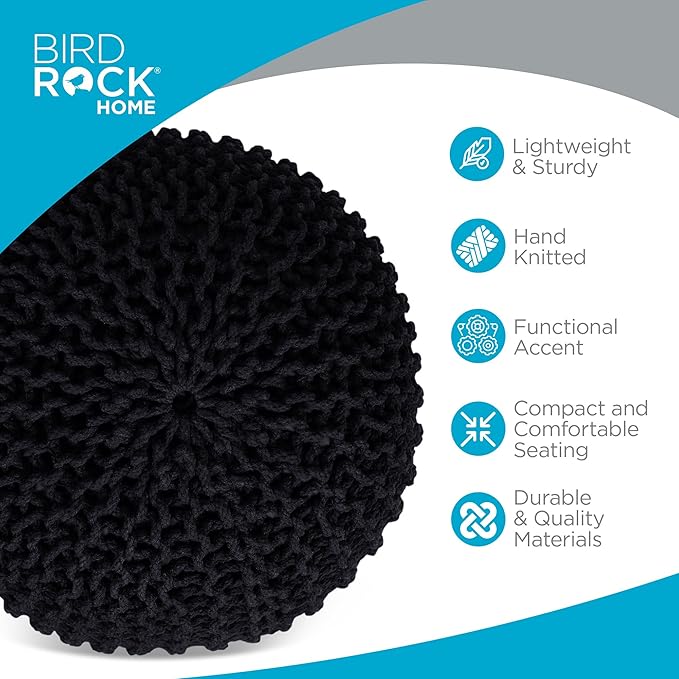 BIRDROCK HOME Round Pouf Ottoman | Cotton Braided Foot Stool with Bean Bag Filling | Boho Foot Rest for Living Room & Bedroom | Compact & Comfortable Seating, Lightweight & Soft | Black-Ruum Studio Home