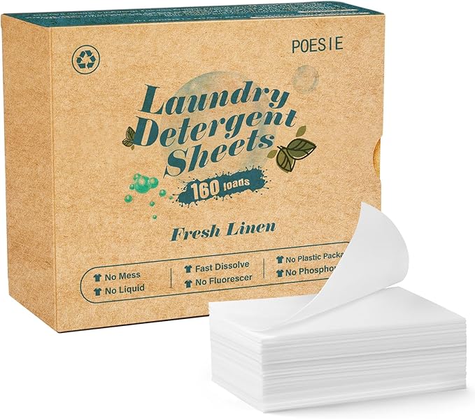 Poesie Laundry Detergent Sheets Fresh Linen Scent 160 Sheets 80 Large Loads Plastic Free Fast Dissolve Washing for All Washing Machine Traveling Dorm Life Save Space-Ruum Studio Home