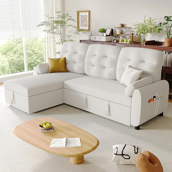 Ucloveria Sleeper Sofa Bed, 86" Convertible Sectional Sofa Couches for Living Room, 4 in 1 Pull Out Couch Bed with Reversible Storage Chaise | USB Ports | Side Pockets | Removable Backrest-Ruum Studio Home