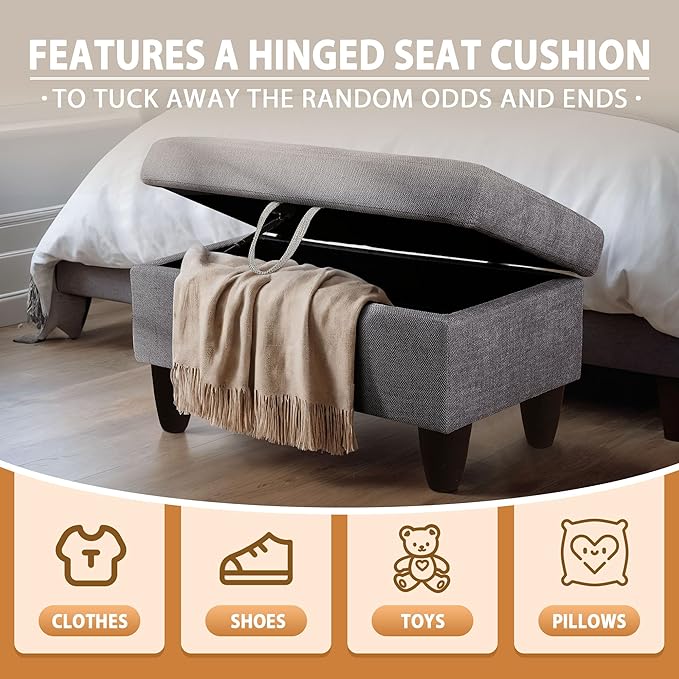 Ottoman Rectangular Storage Ottoman Bench, Flannel Footrest Stool Footstool with Lid for Living Room, Bedroom, Entryway, Gray, 28.5"x19"x17.5"-Ruum Studio Home