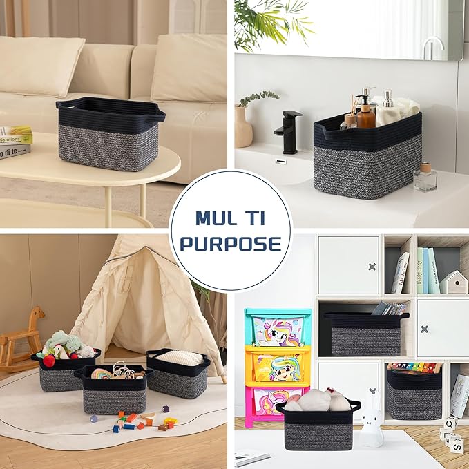 Storage Basket for Organizing, Woven Baskets for Storage, Rectangle Decorative Baskets for Shleves, Closet, Toys, Books, Nursery Organizer Bins - Pack of 3 (Blue & Black)-Ruum Studio Home