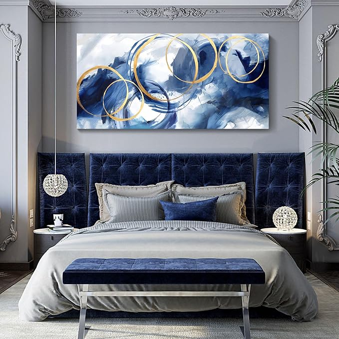 AJAZIKO Abstract Wall Art Blue Modern Art Wall Decor Artwork For Walls Living Room Huge Wall Canvas Office Pictures For Wall Navy Gold Contempor Decorations For Bedroom Size 24x48in-Ruum Studio Home