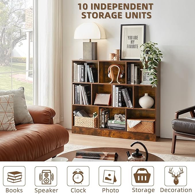 LEYAOYAO 10 Cube Bookshelf with Base,3 Tier Mid-Century Modern Grey Bookcase,Standing Wide Bookshelves Storage Organizer Shelf,Rustic Wood Display Cabinet Book Shelves for Bedroom,Living Room,Office-Ruum Studio Home