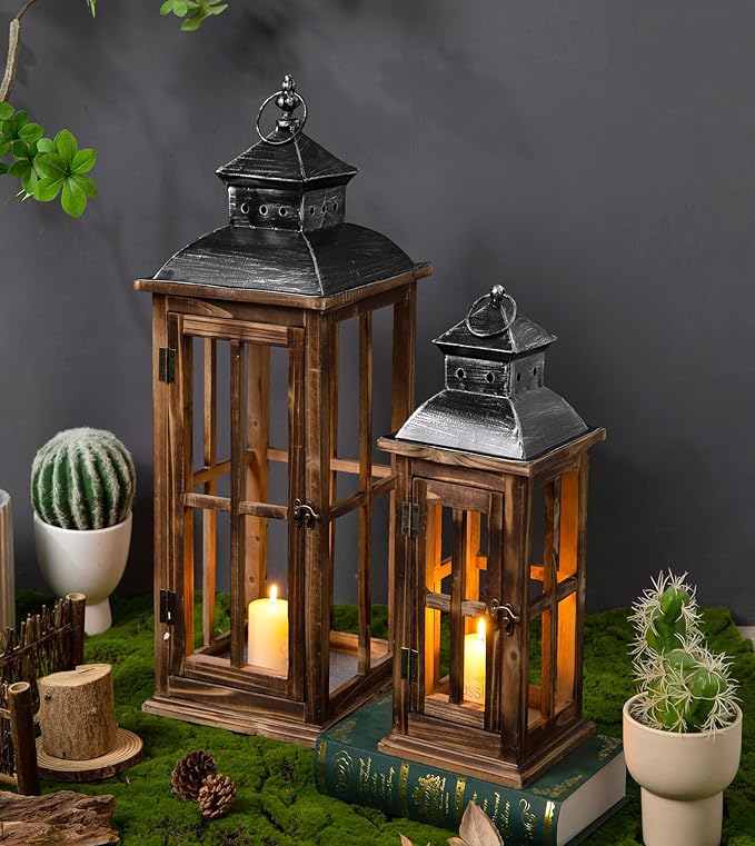 Large Farmhouse Decorative Wooden Lanterns Set of 2, Rustic Burnt Wood Floor Lanterns, Indoor/Outdoor Hurricane Lanterns for Home Decor (No Glass)-Ruum Studio Home
