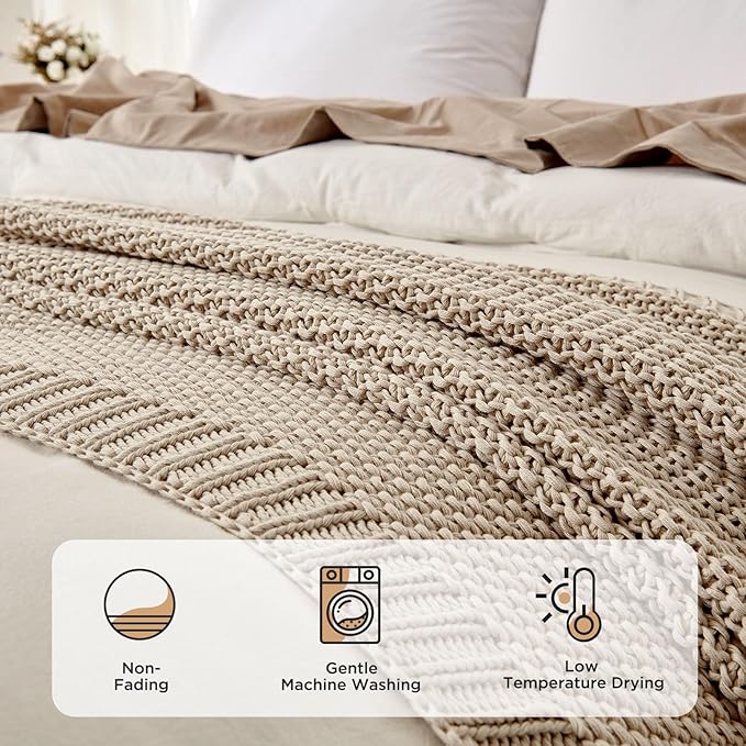 Joydeco Chunky Cable Knit Throw Blanket, Lightweight 100% Organic Cotton Soft Cozy Throw Twin Blanket for Couch Bed and Sofa, Rustic Breathable Farmhouse Blanket Gift for Women Men(Beige, 60"x80")-Ruum Studio Home