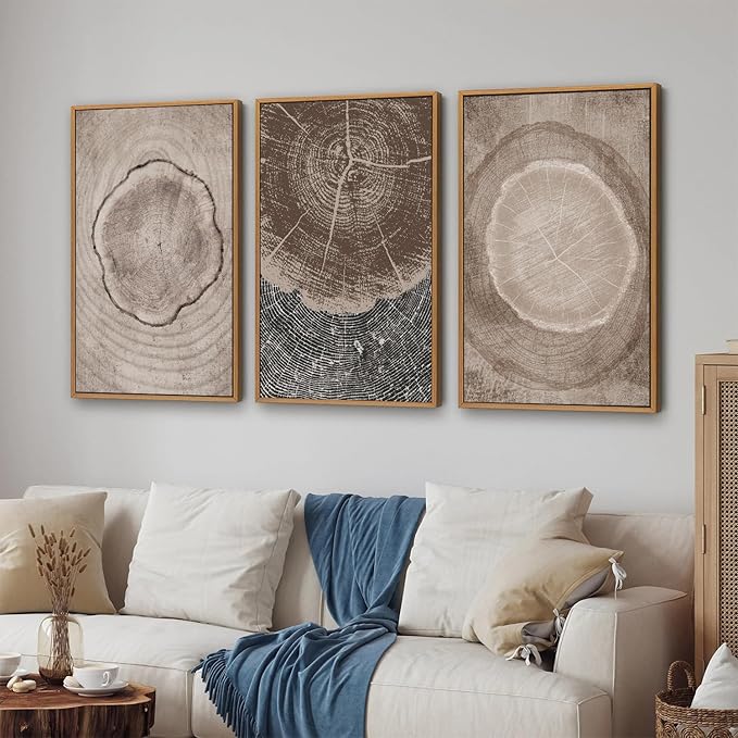 SIGNINART Beige Tree Ring Framed Canvas Wall Art Set, Abstract Black and White Rustic Wood Wall Decor, Neutral Wood Stump Artwork, Modern Art Prints for Bedroom Living Room Office 16"x24"x3-Ruum Studio Home