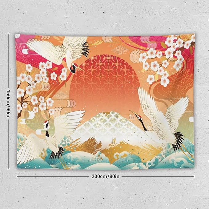 HZOHNAGO Japanese Tapestry Cherry Blossom Crane Sea Wave Fuji Mountain Red Sun Pattern Printed Wall Tapestry Painting Wall Hanging for Bedroom Living Room Dorm 80" W x 60" H-Ruum Studio Home