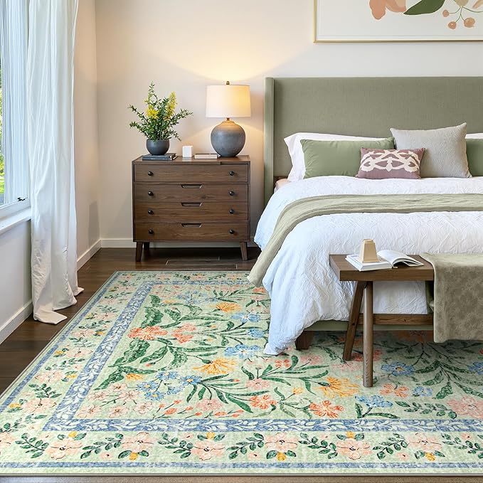 Wonnitar Machine Washable Area Rugs 9x12, Soft Sage Green Floral Rug for Living Room Bedroom, Ultra-Thin Large Foldable Boho Carpets for Playroom Classroom Dining Room-Ruum Studio Home