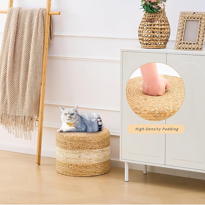 Handwoven Water Hyacinth Ottoman Pouf, Round Outdoor Footstool with Sturdy Frame, No Assembly Needed, Boho Accent Stool for Indoor & Outdoor Use – Patio, Balcony, Living Room (White)-Ruum Studio Home