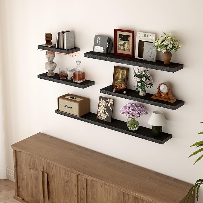 BGMG Wood Floating Shelves 16 inch, Wide Rustic Wooden Wall Shelves for Bathroom Living Room Bedroom Kitchen Farmhouse Set of 2-16x 6.7 x1.25 inch- Black-Ruum Studio Home