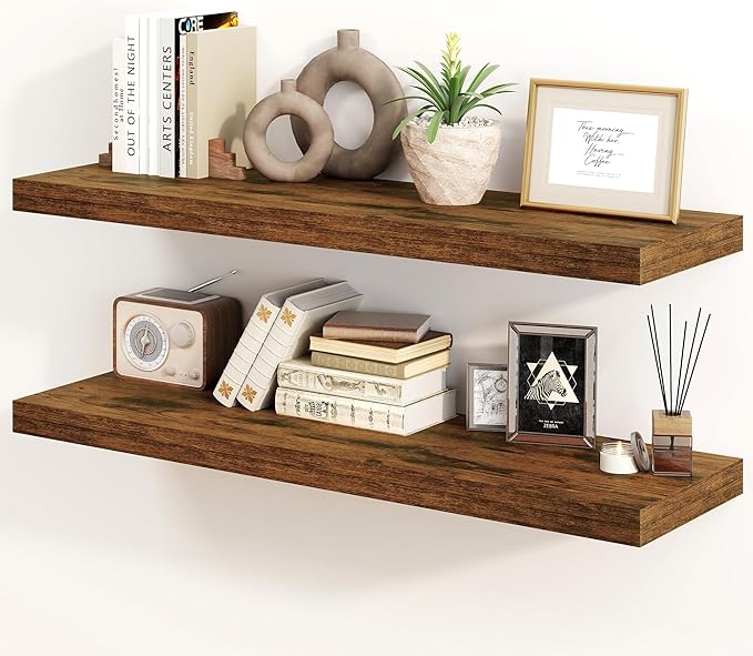 30 Inch Floating Shelves, Rustic Floating Wall Shelves 8 Inch Deep, 30 x 8 Floating Shelves for Home Decor, Deep Storage Shelves for Kitchen, Bathroom, Living Room, Rustic Brown Color, Set of 2-Ruum Studio Home