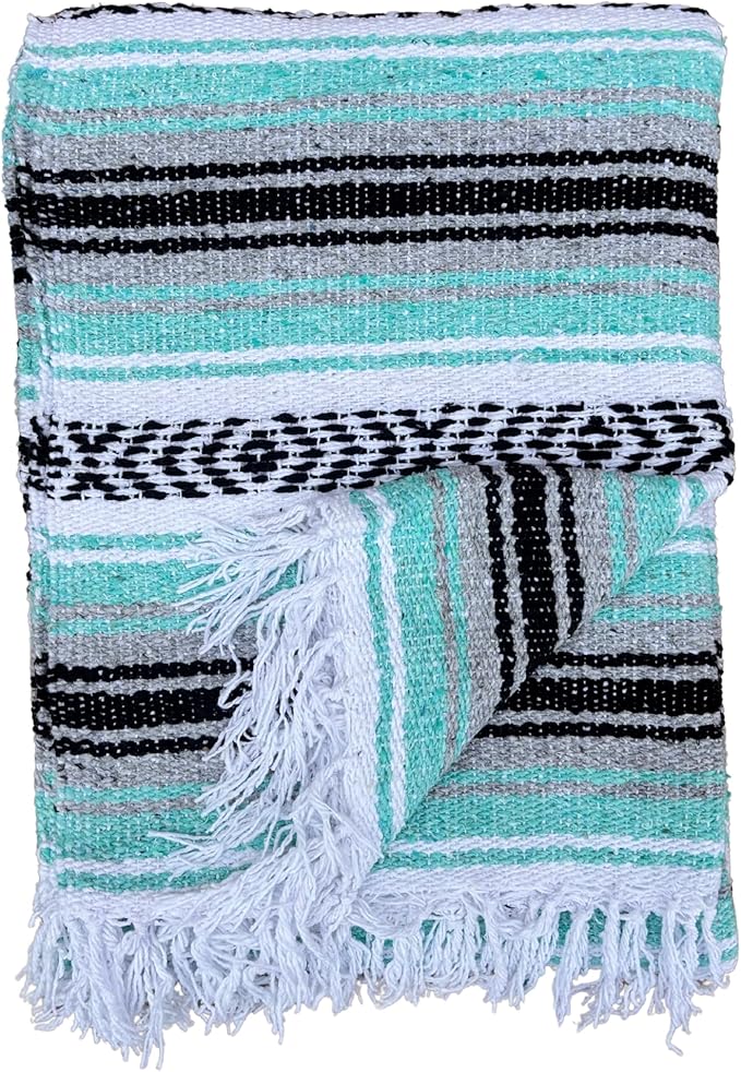 Del Mex Classic Mexican Blanket, Large Authentic Woven Falsa Throw (70"x50"), Artisan Southwest Décor for Beach, Yoga, Outdoors (Mint/Gray)-Ruum Studio Home