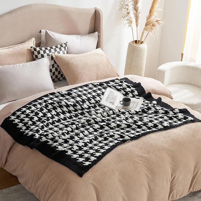 Snuggle Sac Houndstooth Throw Blanket for Couch, Reversible Super Soft Warm Blankets Cozy Knit Fuzzy Plush Lightweight Throws for Sofa, Bed, Camping, Black,50x60 inches-Ruum Studio Home