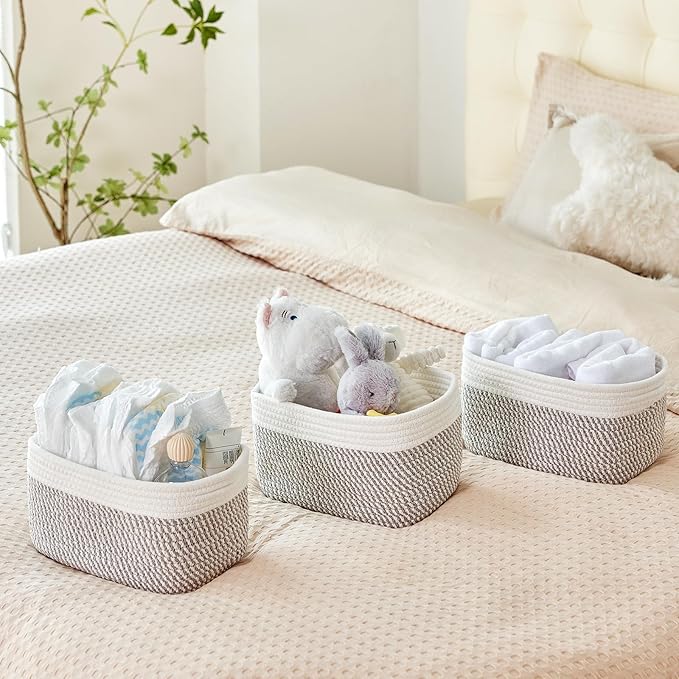 Small Cotton Rope Storage Basket Set of 3-11"x7"x7" Perfect Woven Baskets for Storage, Ideal Storage Baskets for Organizing Toys, Towels, and More - Baskets for Shelves（White & Mixed Grey）-Ruum Studio Home