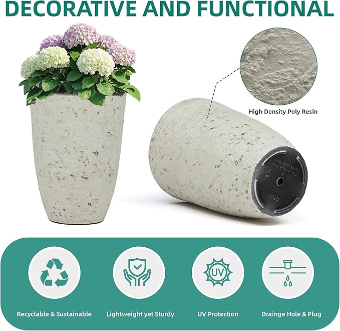 19.5" Resin Tall Planters for Outdoor Plants, Set of 2 Country White Large Flower Pots with Handmade Birch Bark Texture, Heavy-Duty and Weather-Resistant for Year Round Indoor Outdoor use-Ruum Studio Home