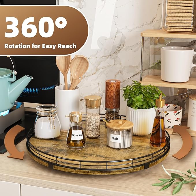 Lazy Susan Turntable Organizer for Table Top, 16’’ Round Wooden Lazy Susan for Cabinet Kitchen Countertop Pantry Dining Coffee Table for Condiments Spices, Rustic Bathroom Vanity Tray for Soap Candle-Ruum Studio Home