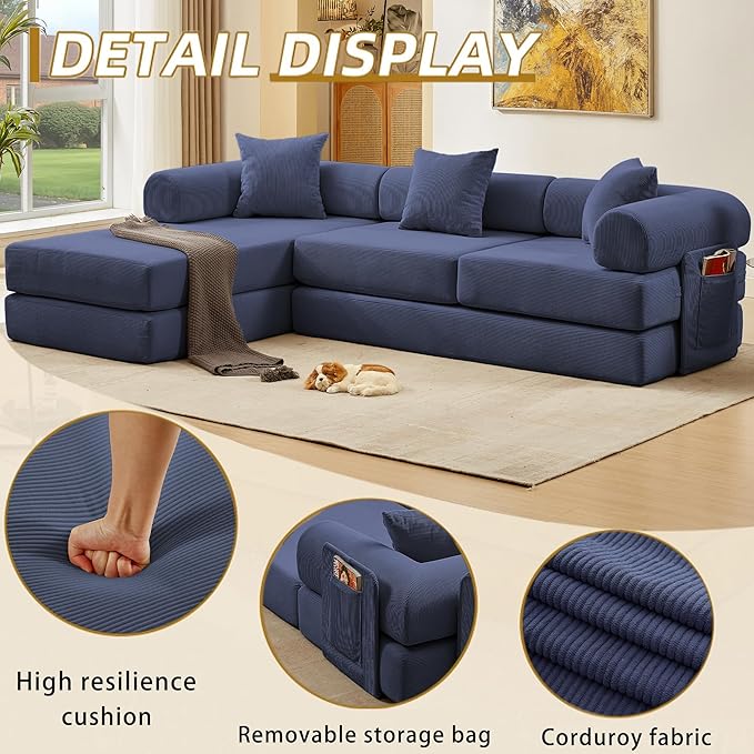 107" Oversized Convertible Sleeper Sofa Bed, Corduroy L Shape Sectional Couch, Folding Sofa Bed with Side Pocket, Modern Cloud Floor Mattress Couch,Modular Sofa for Living Room,Dark Blue-Ruum Studio Home
