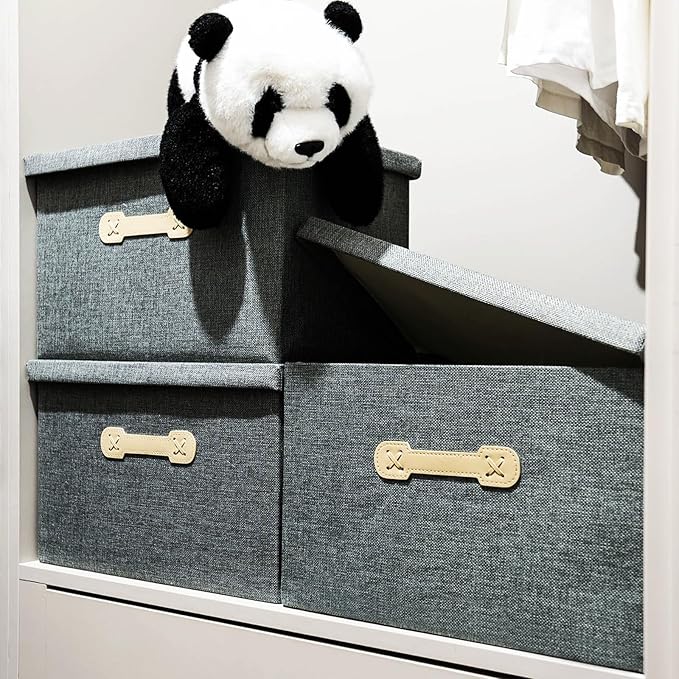 Enzk&Unity Decorative Storage Boxes with Lids, 3 Pack Grey Fabric Storage Bins with Handle, Foldbale and Stackable Storage Boxes for Shelf, Closet, Bedroom, Living Room-Ruum Studio Home