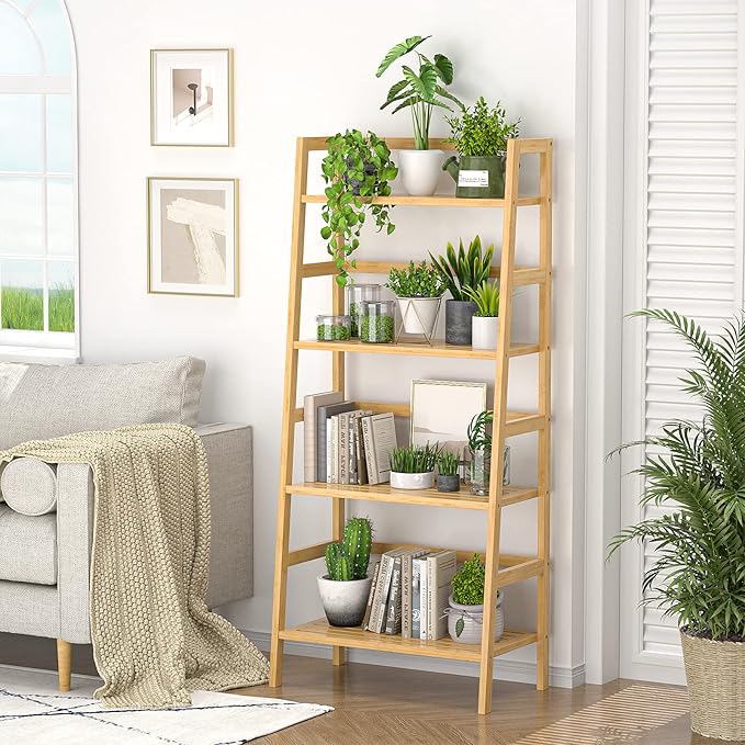 Homykic Bamboo Bookshelf 4-Tier Ladder Shelf, 49.2” Freestanding Open Bookcase Book Shelf Bathroom Storage Shelf Unit Plant Stand for Small Space, Bedroom, Living Room, Home Office, Natural-Ruum Studio Home