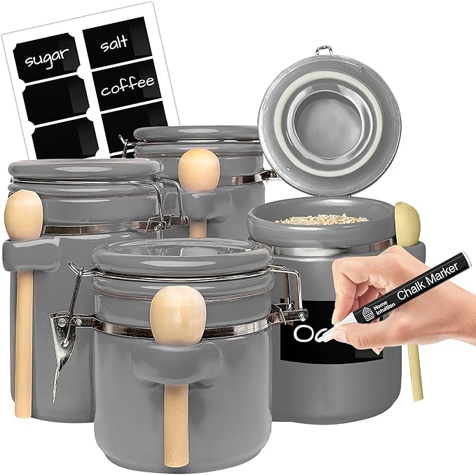 Home Intuition 4-Piece Ceramic Kitchen Canisters Set, Airtight Containers with Wooden Spoons Reusable Chalk Labels and Marker for Sugar, Coffee, Flour, Tea (Grey)-Ruum Studio Home
