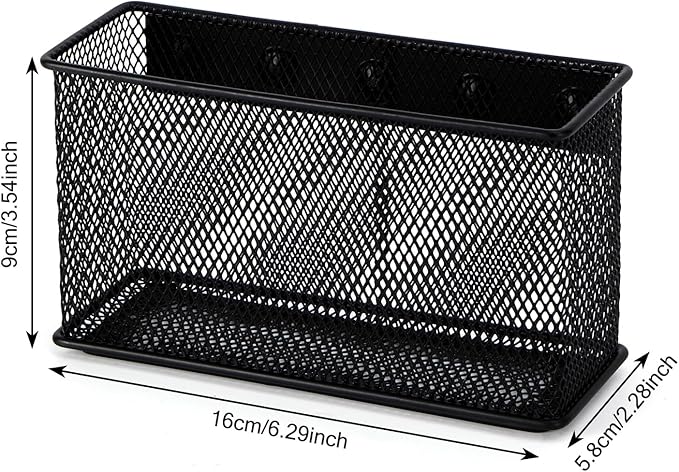 Wire Mesh Storage Baskets Organizer Set of 2 Black Magnetic Basket with 5 Strong Magnets Magnetic Organizer Holder for Refrigerator Locker Whiteboard Office, 6.29'' × 2.28'' × 3.54''-Ruum Studio Home
