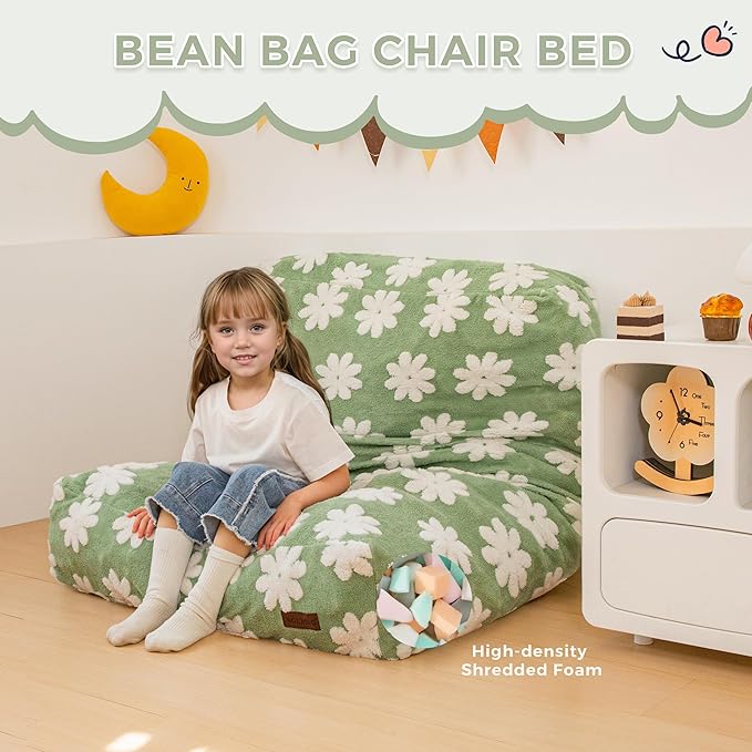 MAXYOYO Bean Bag Chair Bed for Kids, Convertible Bean Bag from Lazy Chair to Floor Bed, Fresh Floral Design Cover, Stuffed Floor Sofa Couch for Boys and Girls, High-Density Foam Filling, Green-Ruum Studio Home