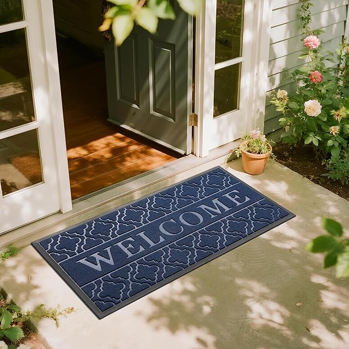 Yimobra Welcome Mat Outdoor Indoor, All-Season Waterproof Front Door Mat Outside Entrance, All-Weather Heavy Duty Non-Slip Doormat, Low Profile Porch Patio Entrance Mats, 47x24, Blue-Ruum Studio Home