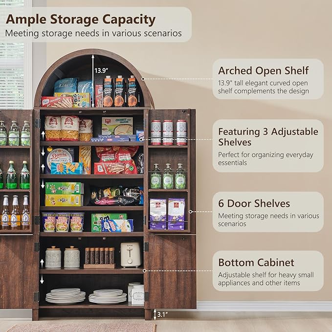 71" Tall Arched Bathroom Storage Cabinet, Modern Fluted Storage Cabinet w/Doors, 3 Adjustable Shelves, 6 Door Shelves, Wood Freestanding Cabinet for Bathroom, Entryway, Hallway, Brown-Ruum Studio Home