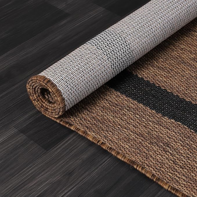 Bordered Outdoor Rug 9x12 Washable Outside Carpet for Indoor Patio Porch Waterproof Easy Cleaning Non Shedding Area Rugs Nut Brown - Black 9 x 12-Ruum Studio Home