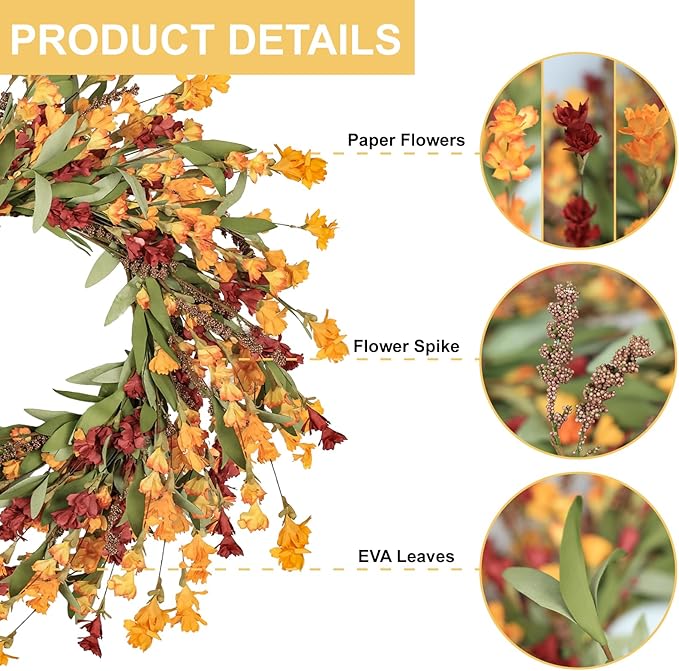 Artgar Fall Wreath, Fall Wreaths for Front Door, 24 in Fall Decor Floral Wreath, Door Wreaths for Front Door Outside All Season for Thanksgiving Home Indoor Outdoor Wall Decor (Red Orange Yellow)-Ruum Studio Home