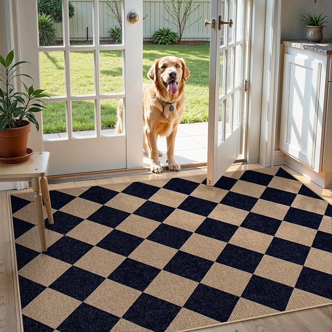 Lahome Checkered Easy Jute Entry Rug, 3x5 Black Outdoor Patio Rug for Living Room Farmhouse Neutral Carpet, Washable Non Slip Indoor Door Mat Diamond Carpet for Front Door Deck Camping-Ruum Studio Home