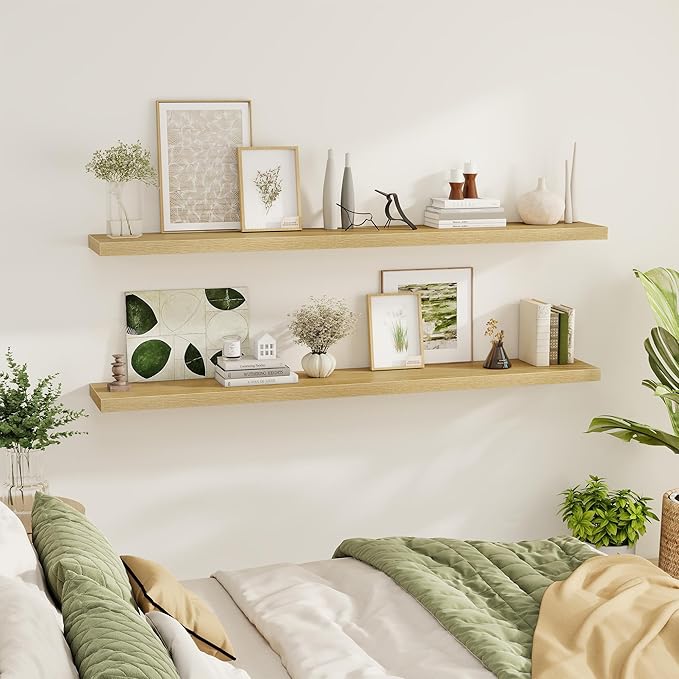 Fun Memories 72 Inch Floating Shelves for Wall 2 Pack Shelves for Bedroom|Kitchen|Bathroom 72 x 9.3 Inch Wood Floating Shelf with Invisible Brackets for Books|Storage|Decor, Oak-Ruum Studio Home