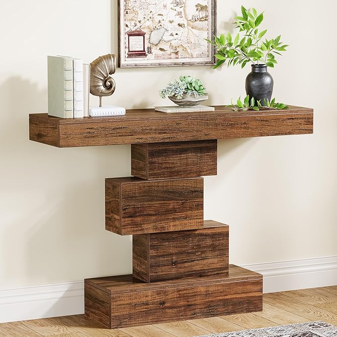 Tribesigns 42.5" Farmhouse Console Table, Narrow Wood Sofa Table Behind Couch with Geometric Base, Industrial Entryway Accent Table for Living Room, Hallway, Entrance (Rustic Brown)-Ruum Studio Home