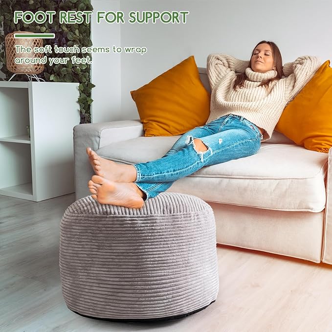 HIGOGOGO Round Stuffed Pouf Ottoman, Corduroy Poufs with Foam Chunk Filling, Furry and Fluffy Pouf Foot Stool Storage Ottoman, 26 X 18 Floor Poufs Foot Rest for Living Room, Grey-Ruum Studio Home