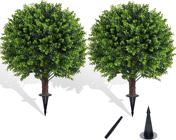 Artificial Boxwood Topiary Outdoor Plants with Spike, 2 Pack Faux Bushes UV Resistant Fake Shrubs for Front Porch Décor-Ruum Studio Home